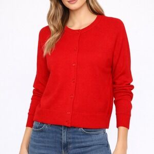 NWT Rumored Seabrook Cardigan Rose Red Crew Neck Button Front Knit Sweater L